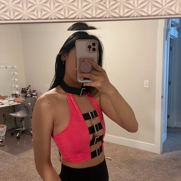 Pink PU Leather Halter Rave Top - Picture 4 of 5